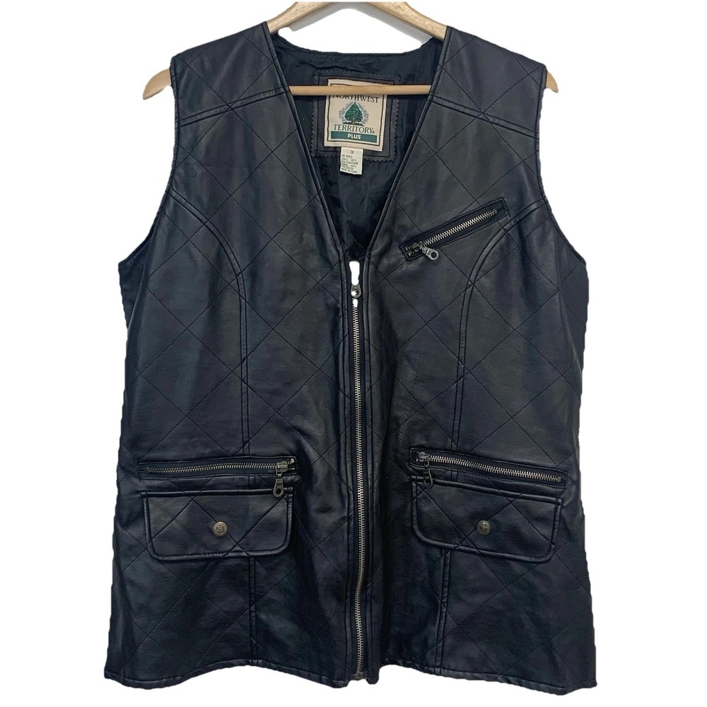 Northwest Territory Black Faux Leather Vest Woman 1X Full Zip Pockets Moto Goth
